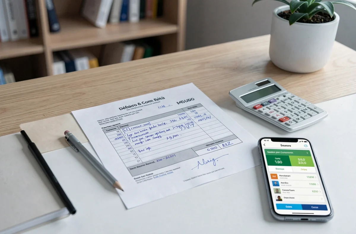 Fiche de paie française avec calcul brut net 2300 euros posée sur un bureau minimaliste