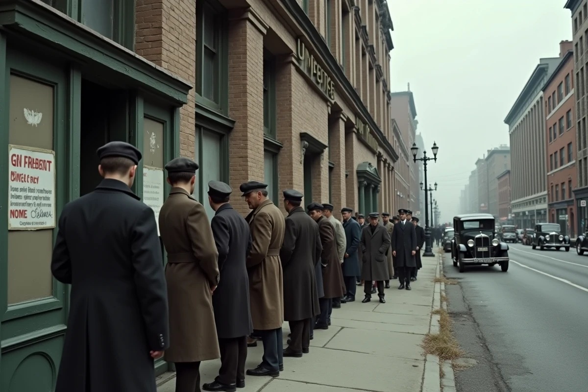 File d'attente de chômeurs devant un bureau gouvernemental américain pendant la Grande Dépression de 1929