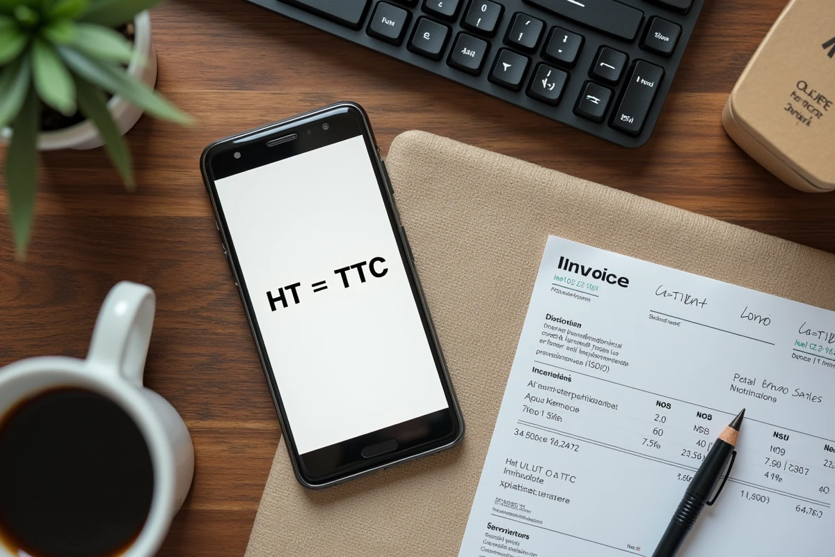 Vue aérienne d'un bureau avec smartphone affichant un convertisseur HT TTC, facture et clavier pour e-commerce