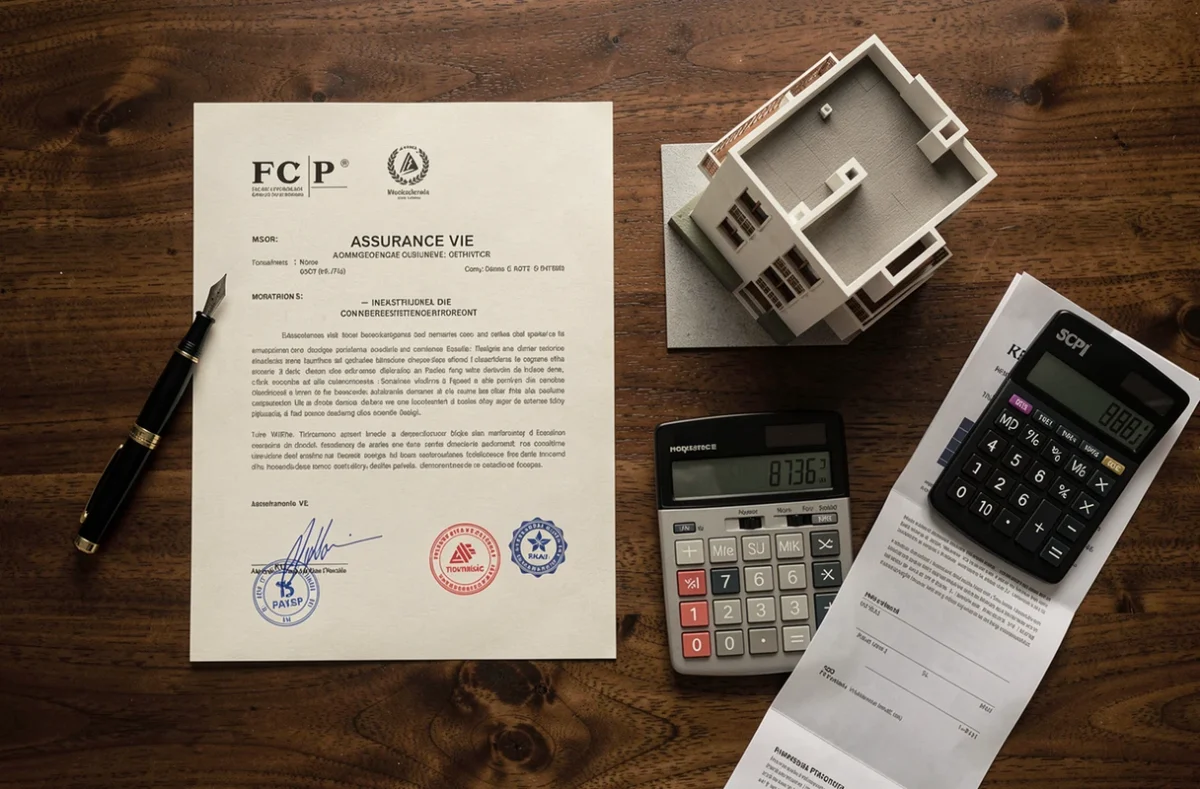 Vue aérienne d'un contrat d'assurance vie, stylo et documents SCPI sur une table en bois sombre