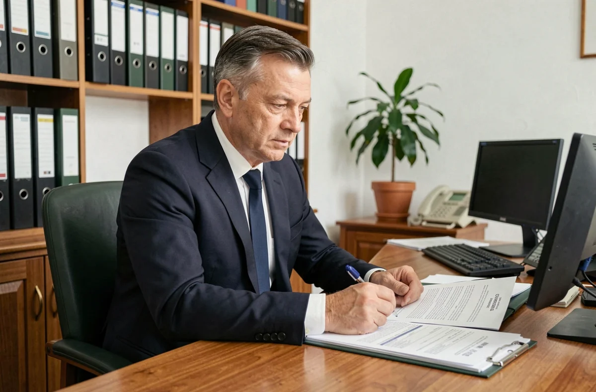 Fonctionnaire masculin en costume marine examinant des documents d'assurance emprunteur dans un bureau administratif