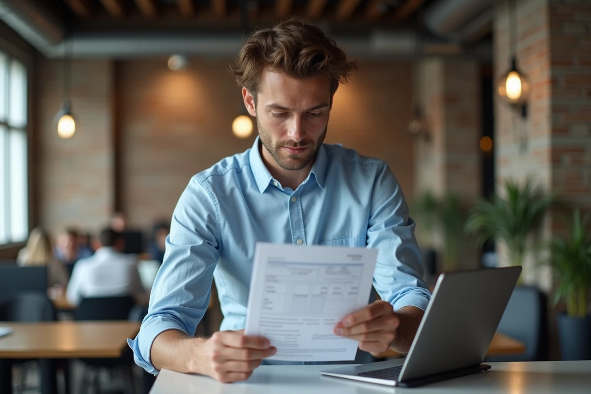 Jeune professionnel consultant un formulaire de virement international et un portail bancaire en ligne dans un espace de coworking moderne