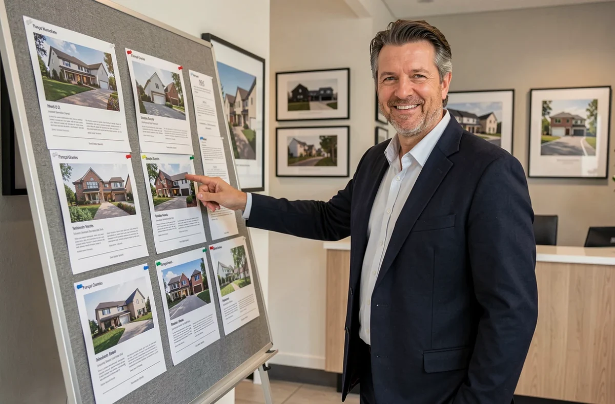 François Girard présentant des opportunités d'investissement locatif devant un panneau d'annonces dans son agence immobilière