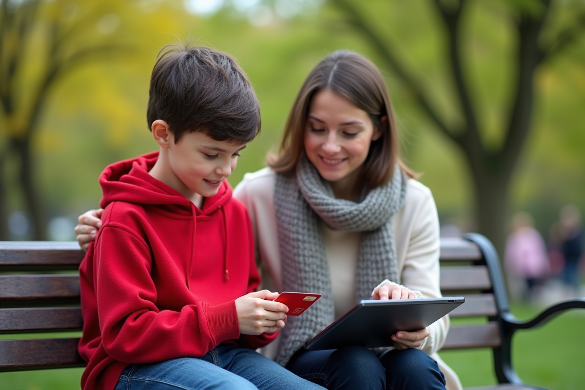 Garçon insérant sa carte bancaire dans un lecteur sur tablette