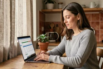 Femme sereine gérant son budget personnel sur un ordinateur portable dans une cuisine chaleureuse avec l'application Econozen