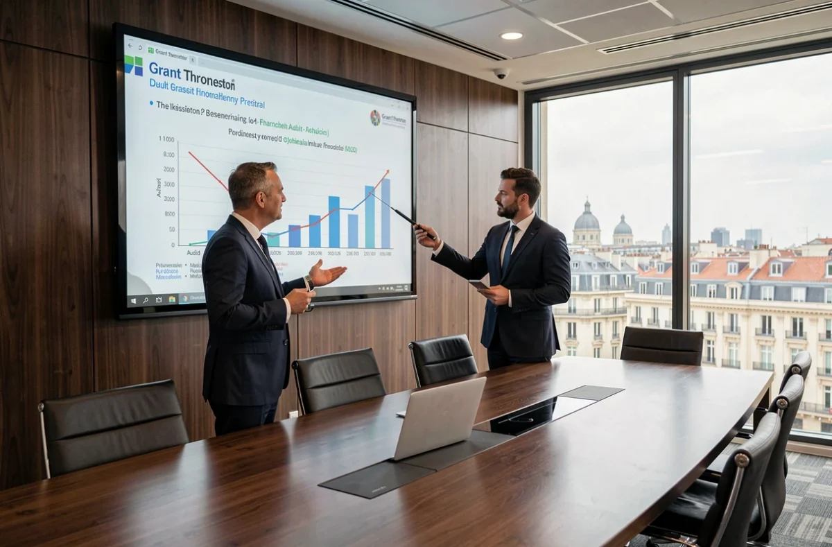 Auditeurs de Grant Thornton Marseille présentant des résultats financiers lors d'une réunion mid-market