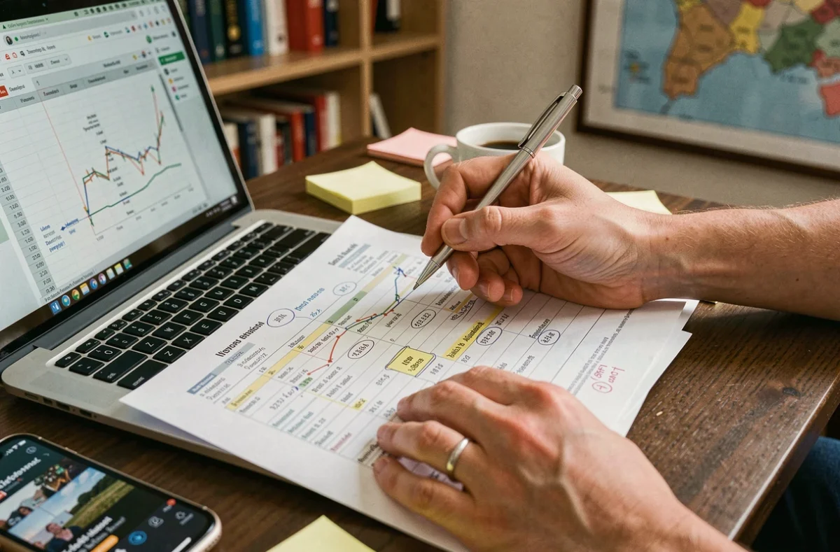 Gros plan sur des mains d'analyste annotant un rapport financier FRCI avec des indicateurs clés mis en évidence sur papier et écran