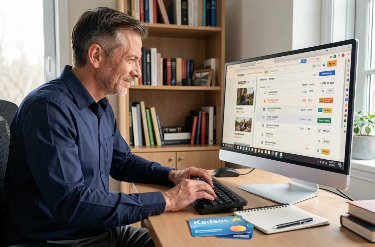 Homme utilisant une carte Kadeos Infini pour un achat sur Amazon depuis son bureau à domicile