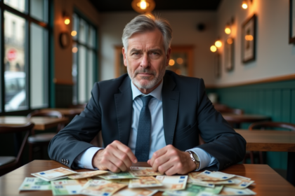 Homme d'affaires pensif avec des billets au cafe