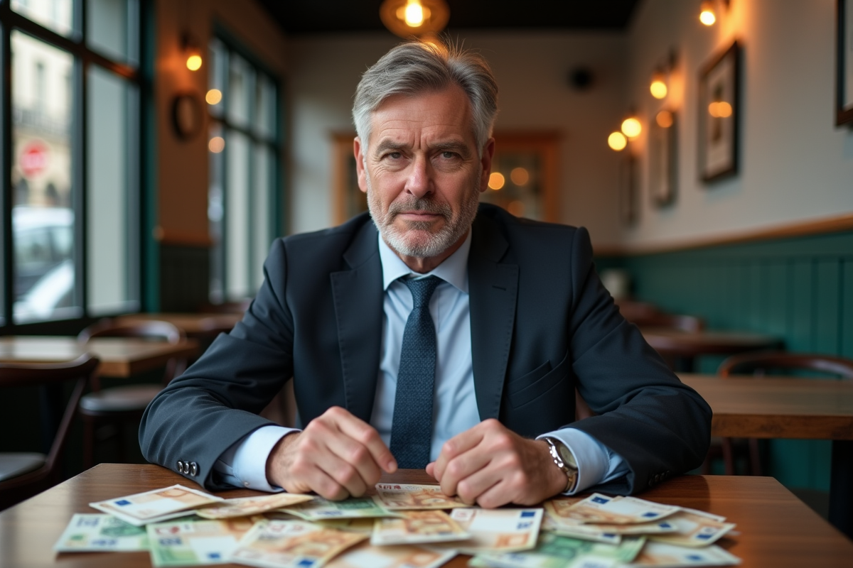 Homme d'affaires pensif avec des billets au cafe