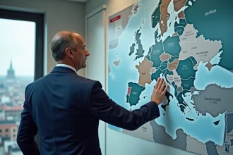 Homme d'affaires français devant une carte des pays par PIB