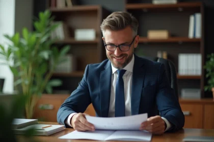 Homme d'affaires confiant en costume navy dans un bureau moderne
