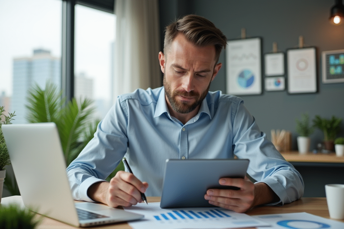 Homme d'affaires confiant regardant des graphiques financiers