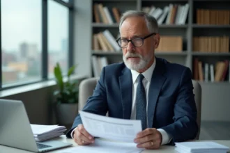 Homme d'affaires en costume lisant des documents financiers