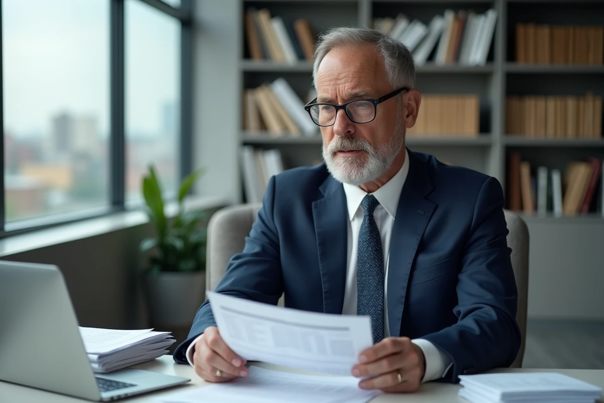Homme d'affaires en costume lisant des documents financiers