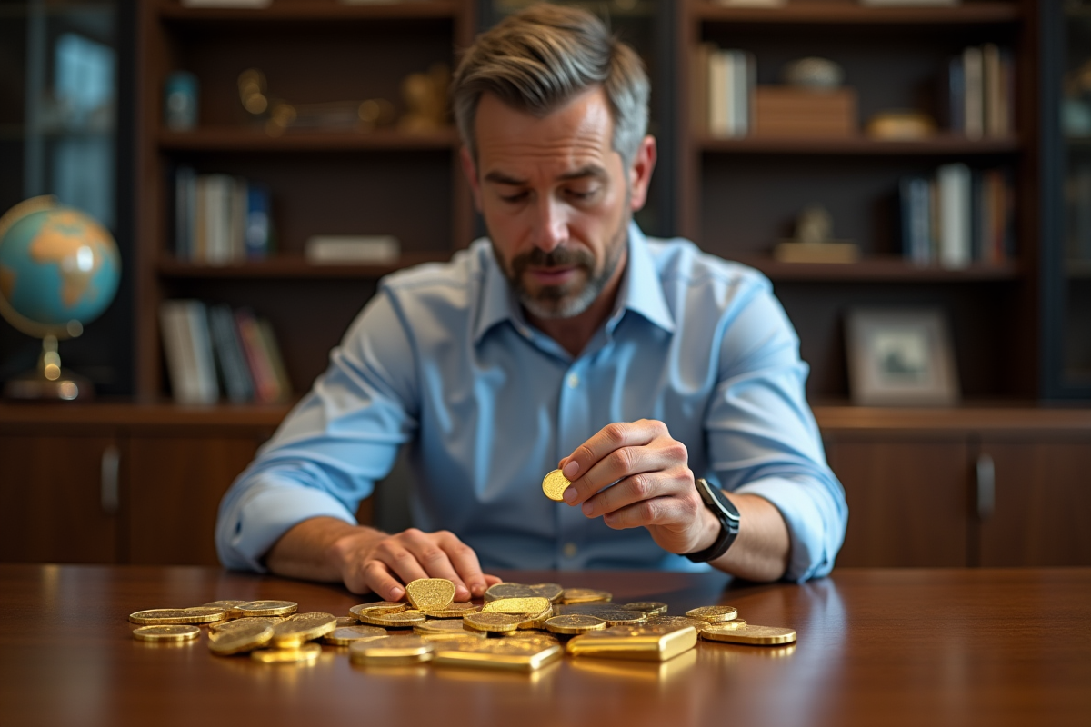 Homme d'affaires évaluant des lingots d'or dans un bureau moderne