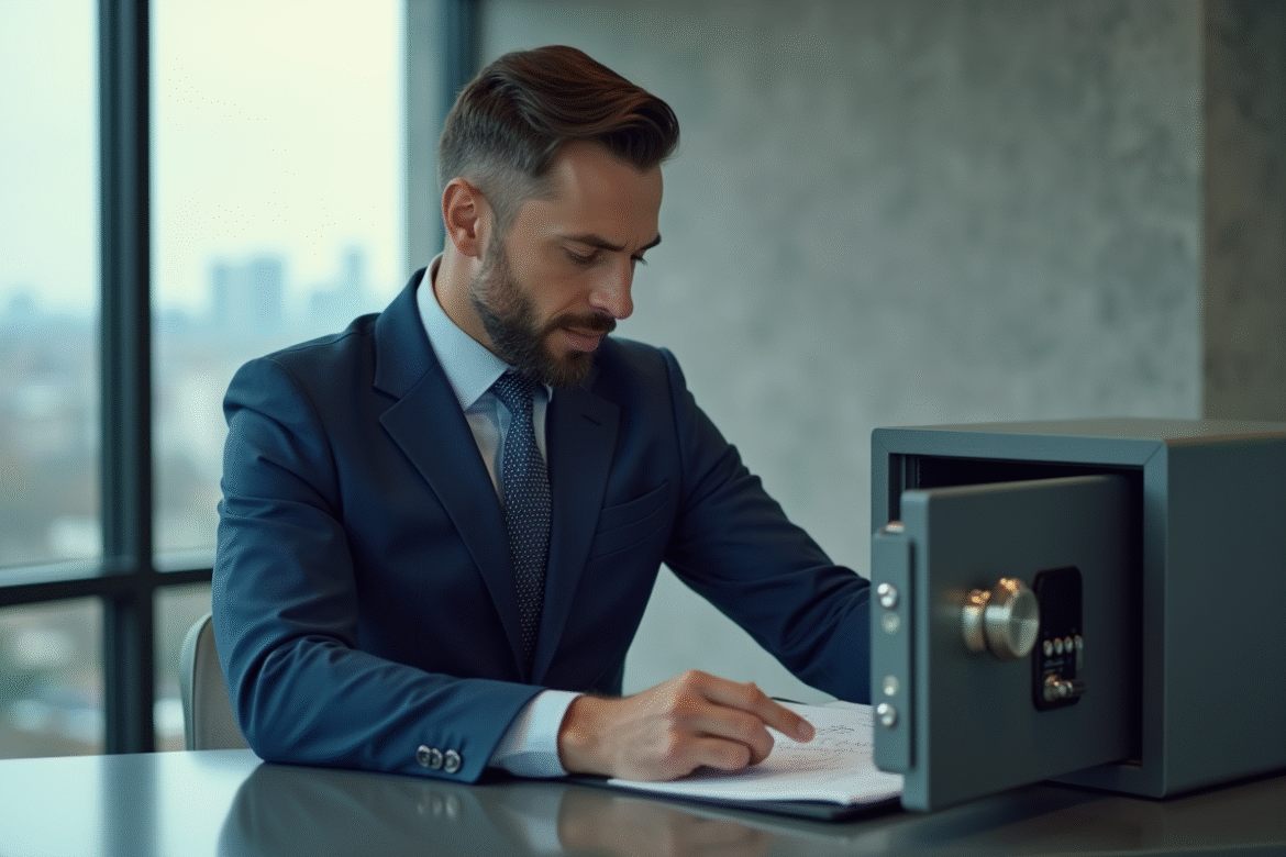Homme d'affaires en costume bleu plaçant un dossier dans un coffre