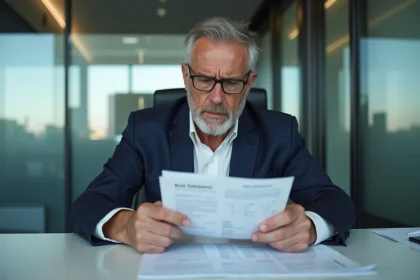 Homme d'affaires anxieux regardant un relevé bancaire
