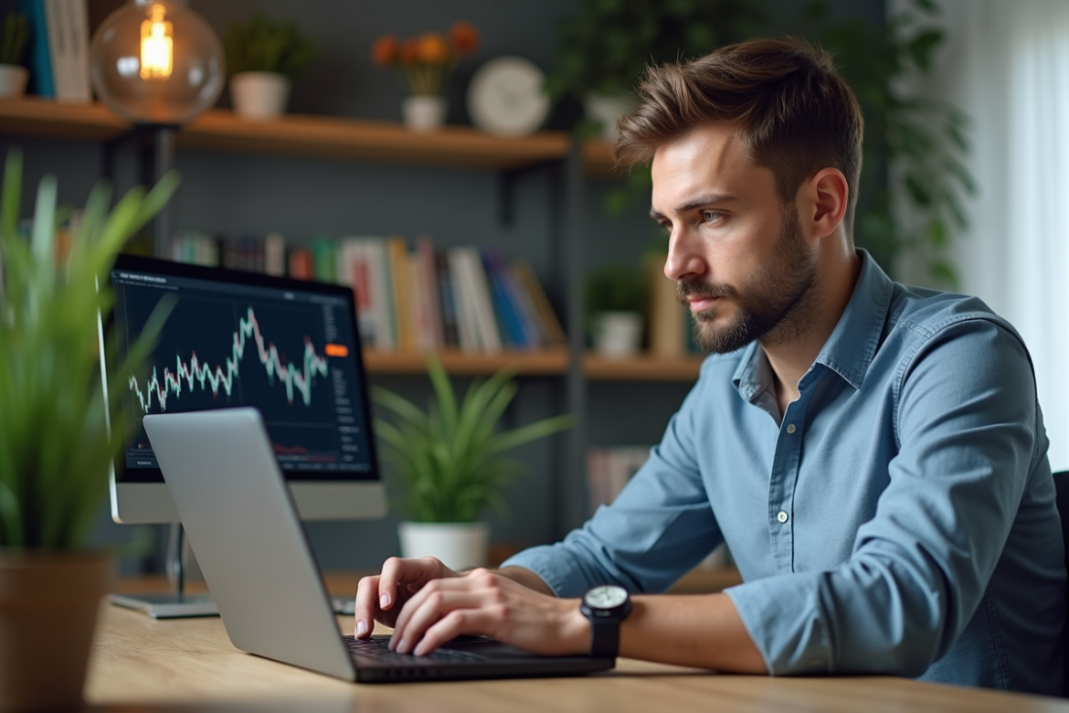 Jeune homme concentré analysant un graphique crypto sur son ordinateur