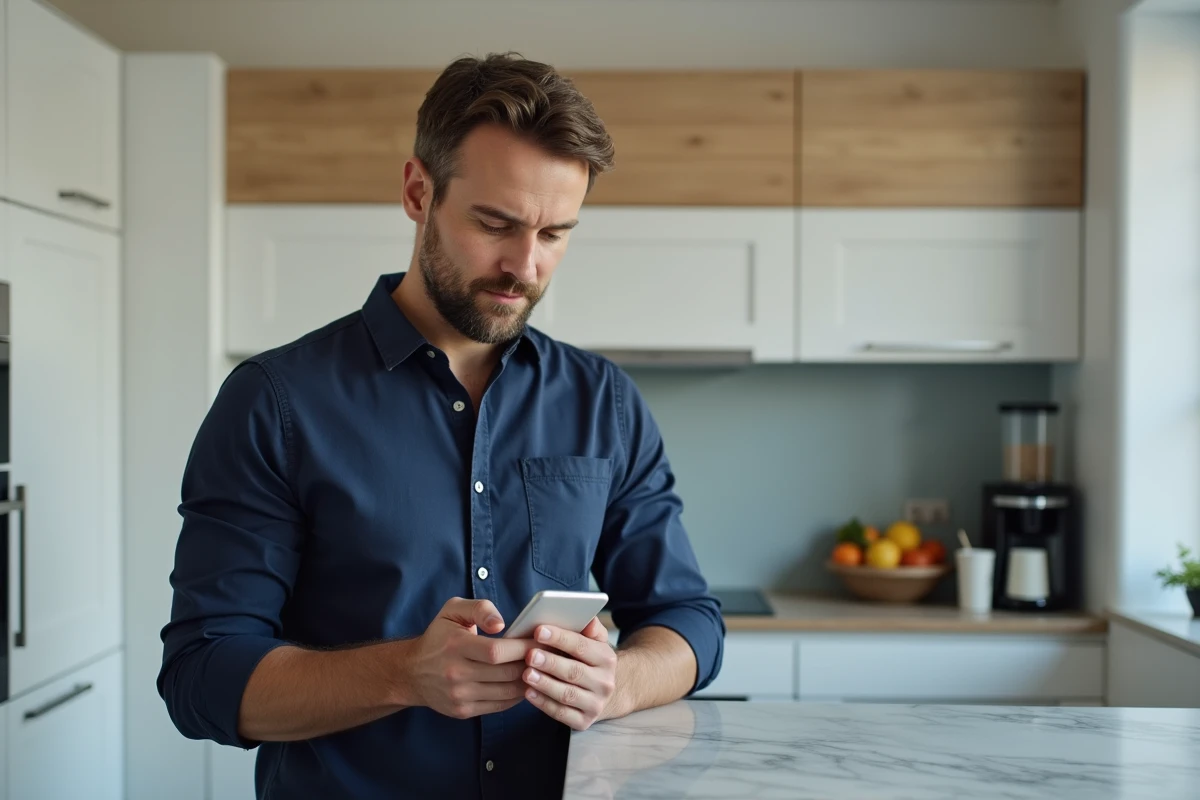 Homme vérifiant son application bancaire sur smartphone dans une cuisine moderne