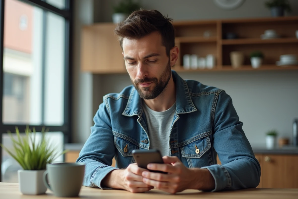 Homme en denim utilisant une appli financière dans la cuisine