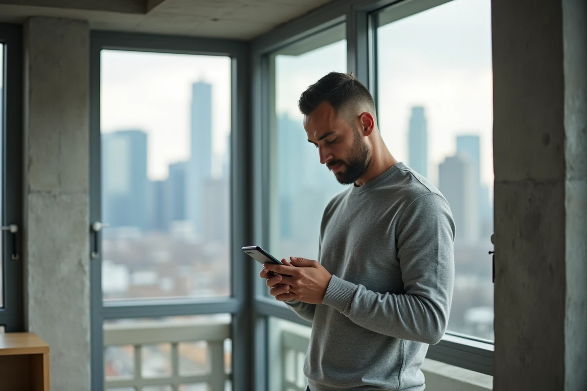 Homme consultant son application bancaire mobile Banque Populaire depuis son appartement en ville