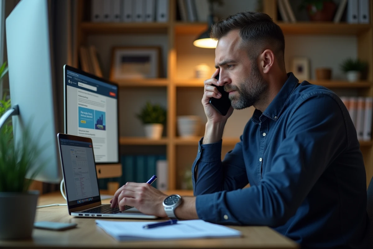 Homme au bureau gérant un appel de recouvrement Cetelem avec ordinateur et notes manuscrites