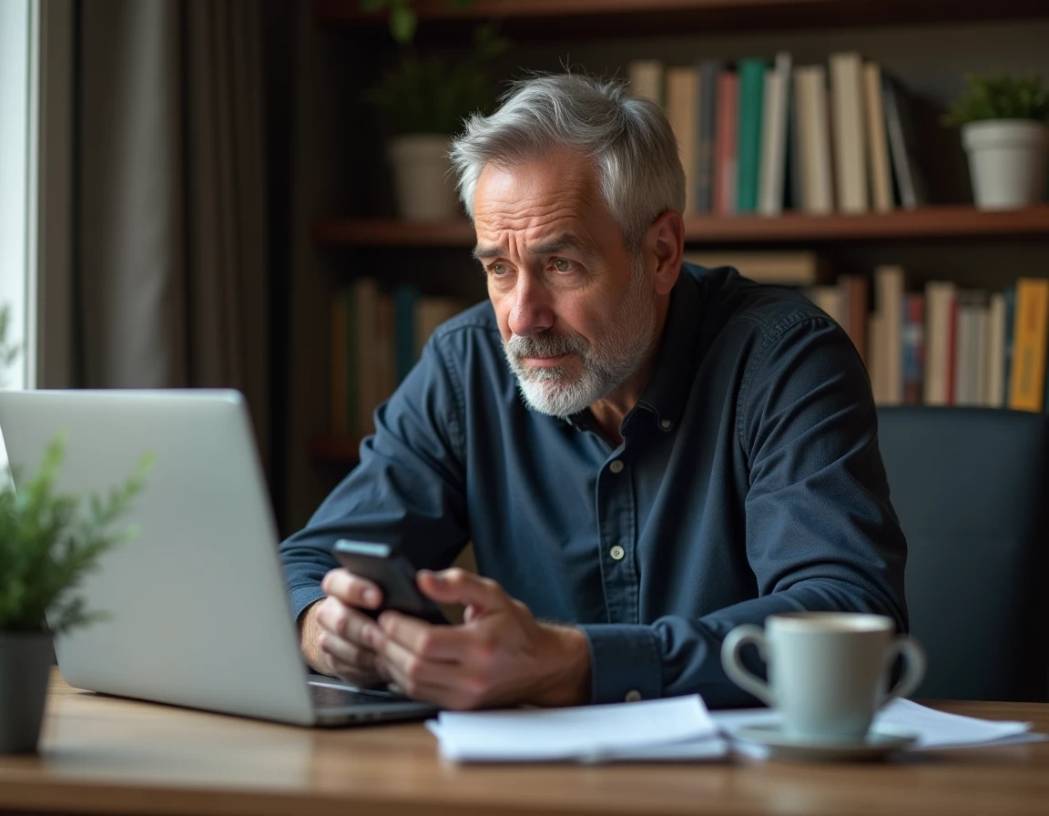 Homme au bureau à domicile confronté à un bug de connexion sur l'application bancaire Caisse d'Epargne