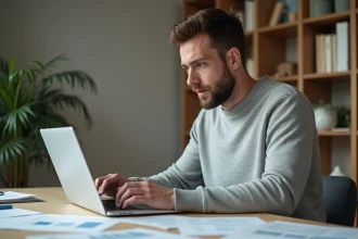 Homme au bureau consultant ses documents fiscaux et frais kilométriques pour la déclaration 2026
