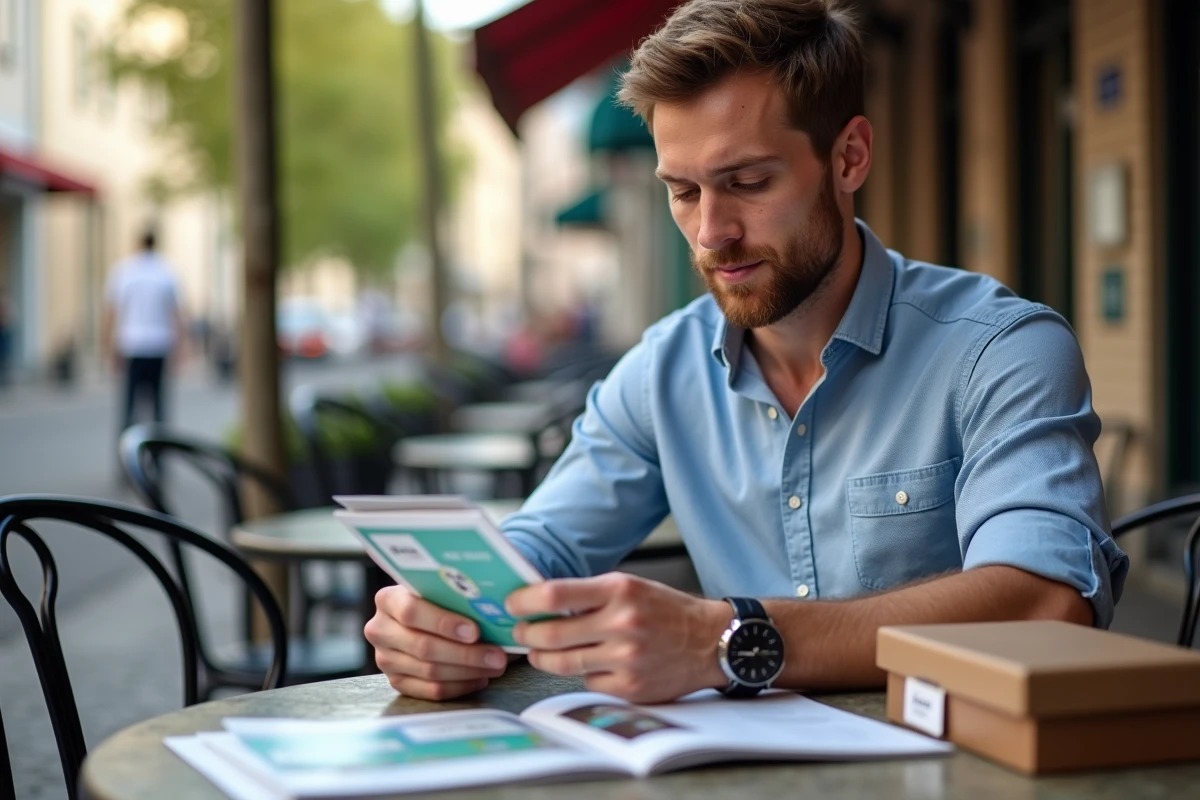 Homme regardant brochures de voyage et vouchers dans un café urbain