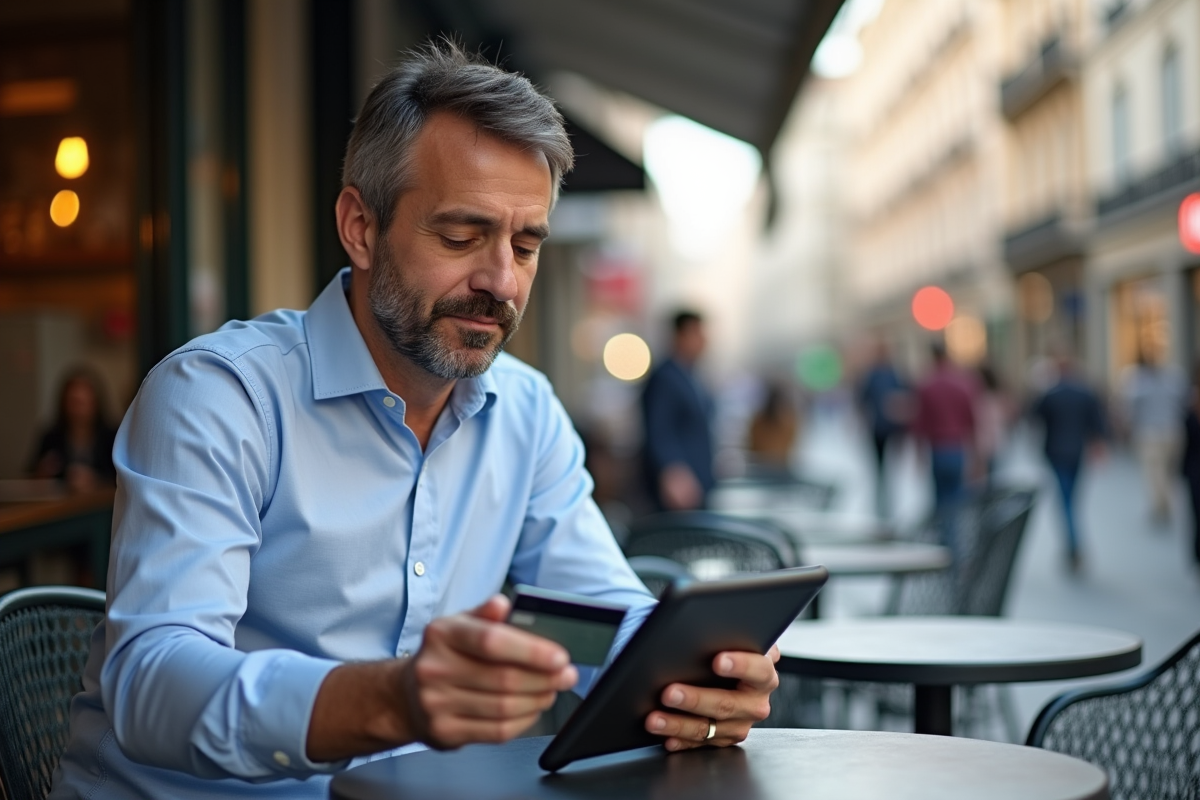 Homme au café effectuant un paiement avec sa carte contactless