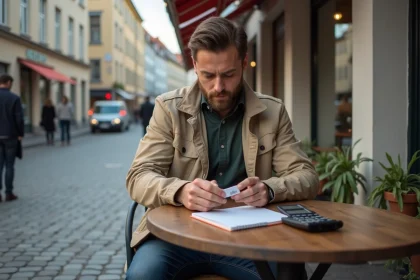 Homme assis au café regardant des cigarettes