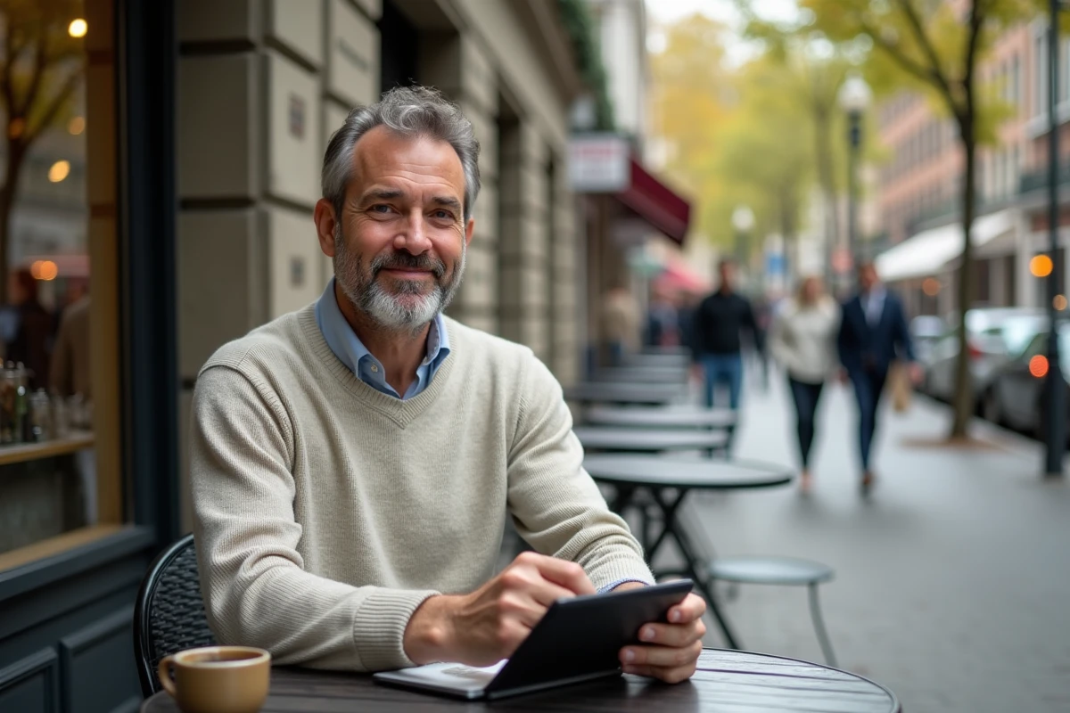 Homme d age moyen au cafe en ville avec tablette