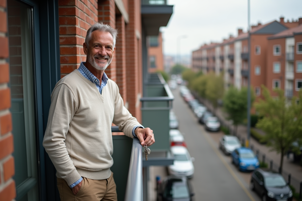 Homme souriant tenant des clés sur un balcon urbain