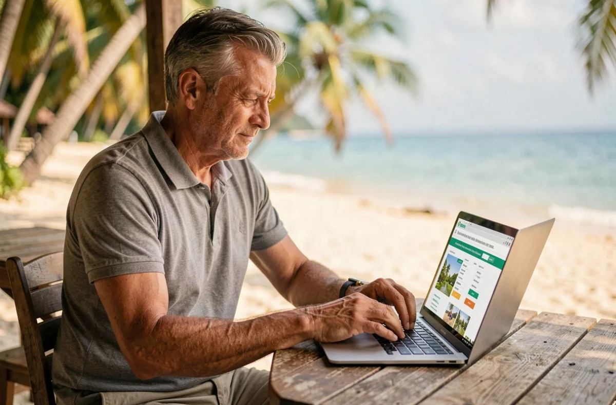 Homme comparant des assurances voyage en ligne depuis un café en bord de mer en Thaïlande
