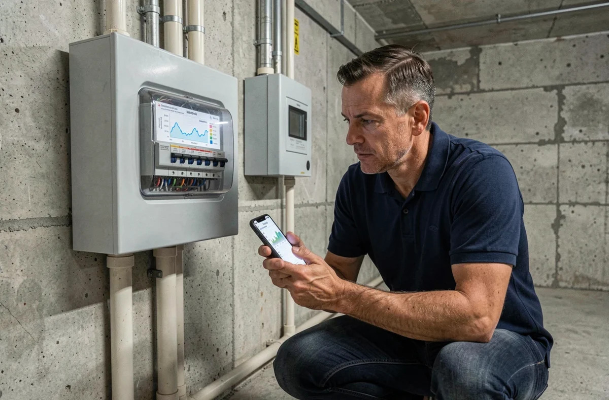 Homme consultant un compteur électrique Linky dans une cave de maison individuelle avec smartphone affichant la consommation
