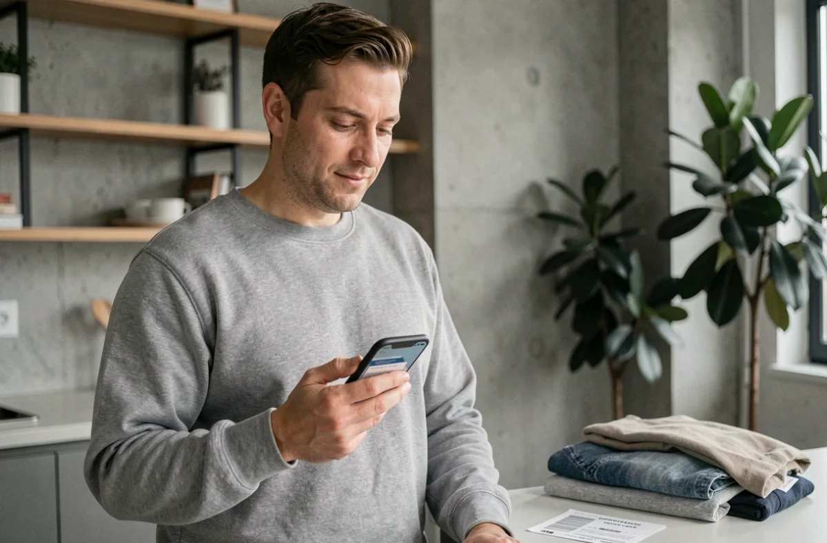 Homme consultant une confirmation de paiement sécurisé Mangopay sur smartphone lors d'une vente Vinted