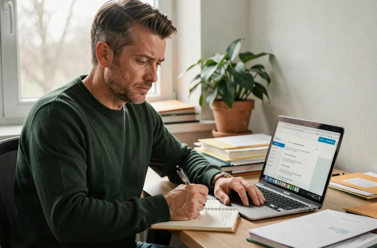 Homme consultant ses droits aux allocations chômage sur un site administratif depuis son bureau à domicile