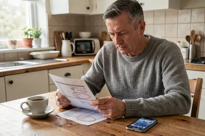 Homme consultant les résultats du tirage Euromillions sur une feuille imprimée à la table de sa cuisine