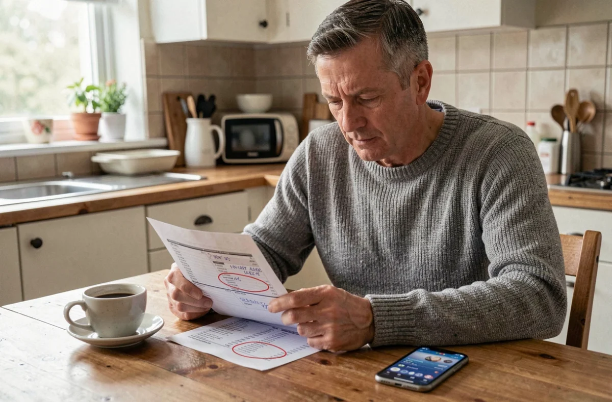 Homme consultant les résultats du tirage Euromillions sur une feuille imprimée à la table de sa cuisine