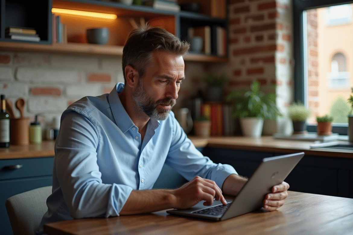 Homme d'âge moyen utilisant une tablette dans un appartement moderne