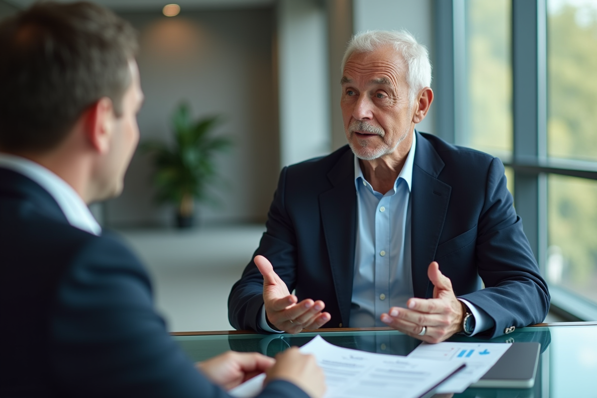 Homme en blazer discute options de retraite avec conseiller