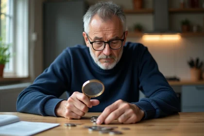 Homme vérifiant une pièce de 2 euros avec une loupe