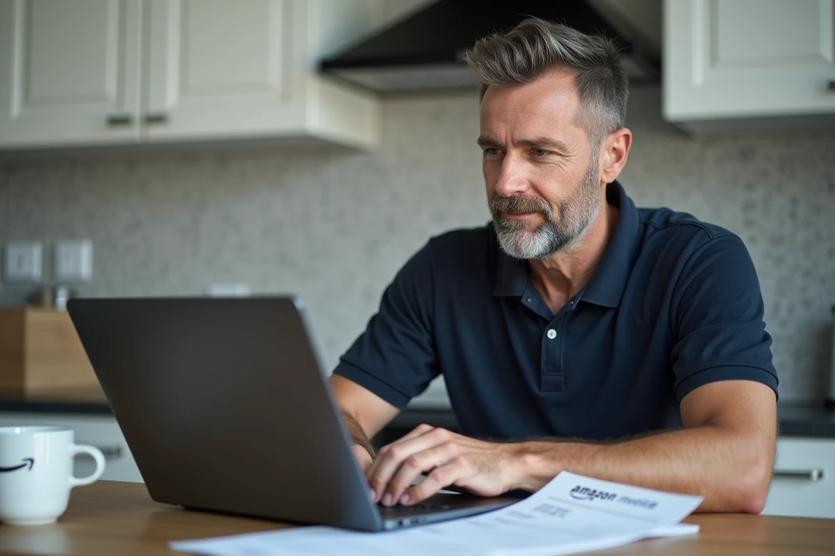 Homme consultant une facture Amazon sur son ordinateur portable dans une cuisine moderne pour préparer une demande de remboursement