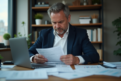 Homme d'affaires stressé lisant un rapport financier