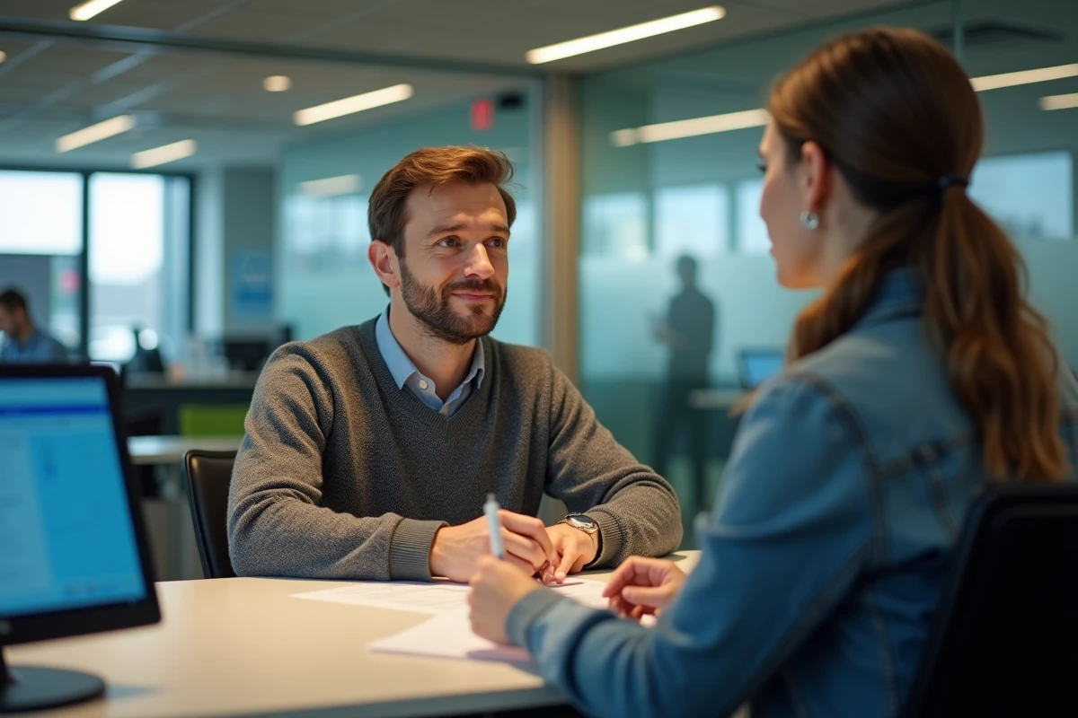 Jeune homme remplissant des papiers dans une banque moderne