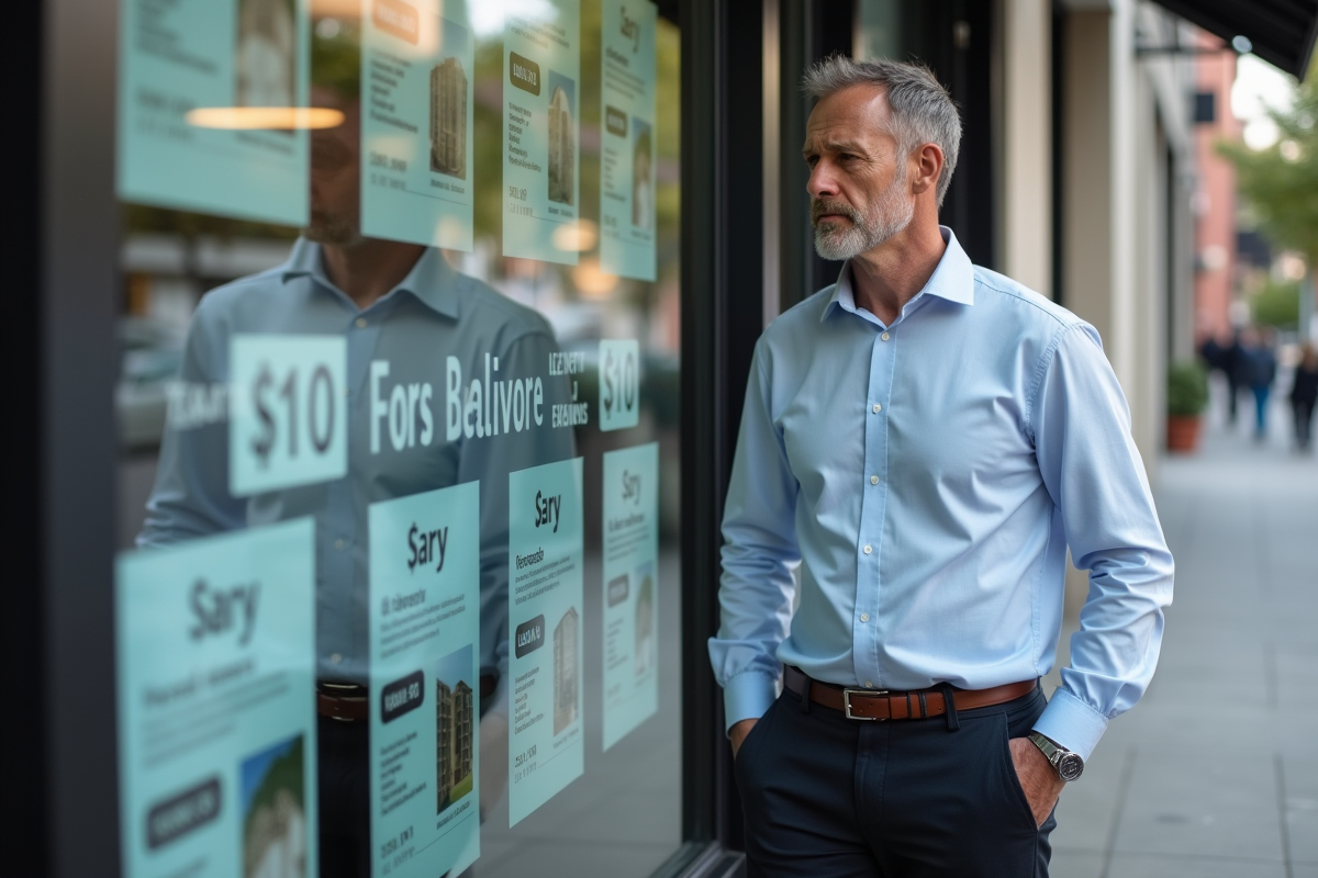 Homme regardant des annonces immobilières en ville