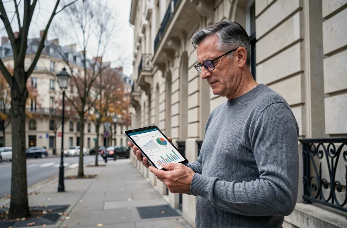 Homme investisseur consultant des données SCPI sur tablette devant un immeuble résidentiel parisien