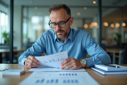 Homme d'âge moyen en chemise bleue examine des documents