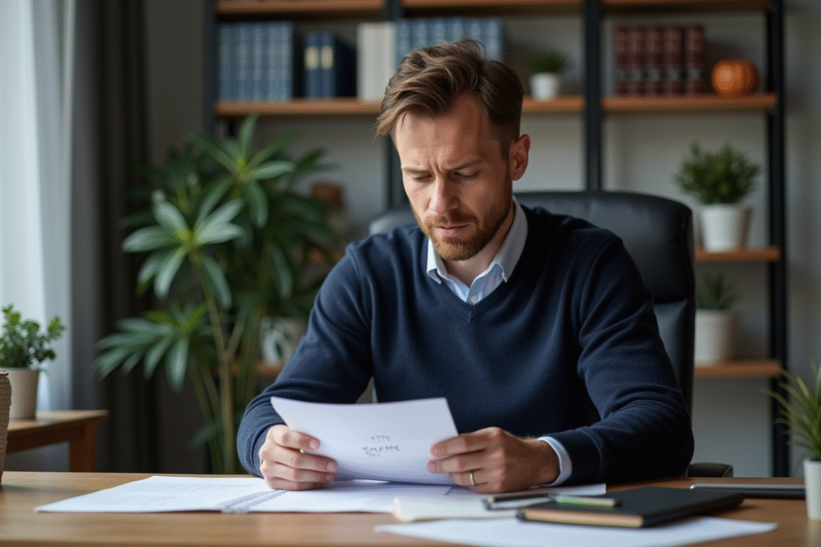 Homme en bureau lisant un document ETF PEAPME